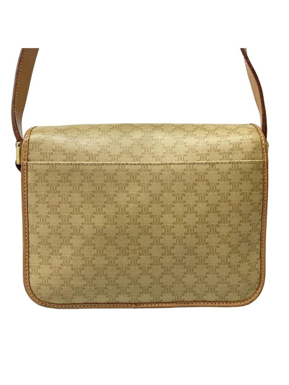 Celine Shoulder Bag Circle Logo Macadam Pattern Khaki Ivory Light Brown Leather - Picture 3 of 11
